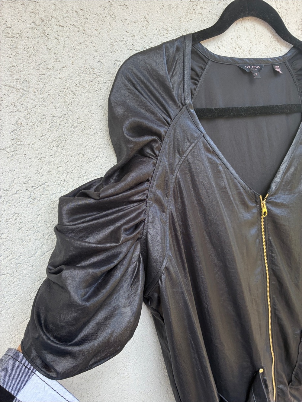 Ted Baker London Black Shiny Zip-Front Short Sleeve Top Gold Hardware - Picture 2 of 8